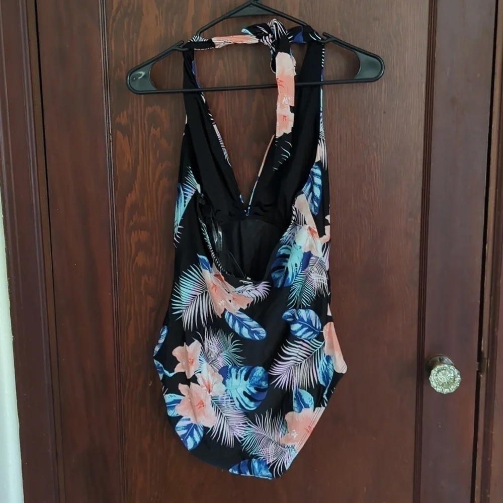 DKNY Floral Black Tie Halter One Piece Swimsuit Size XXL - Picture 4 of 6